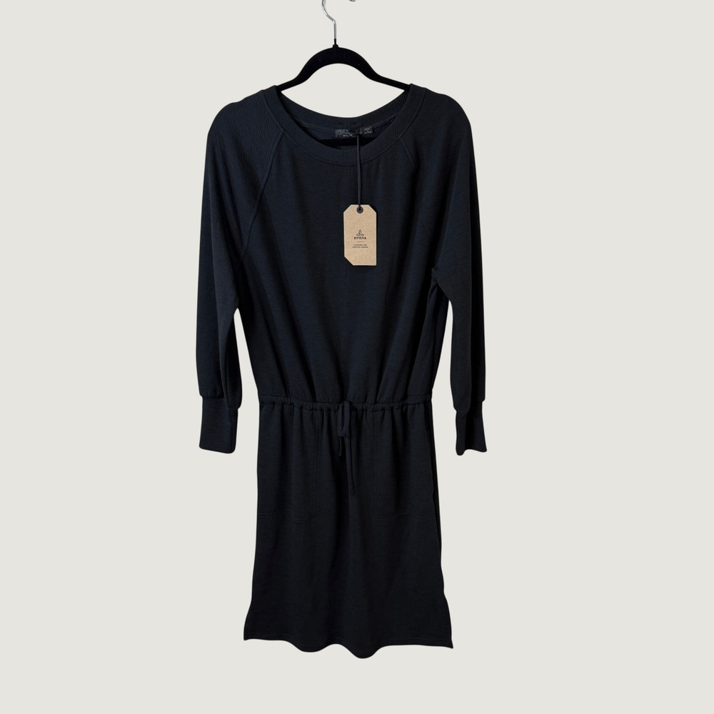 Prana Sunrise Dress Black Long Sleeve Knit Drawstring Size M Casual Minimalist